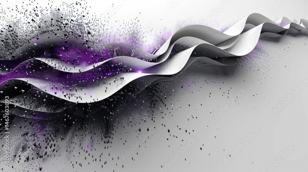 Poster abstract white and purple waves with black spheres. 3d digital art design with fluid motion and dept