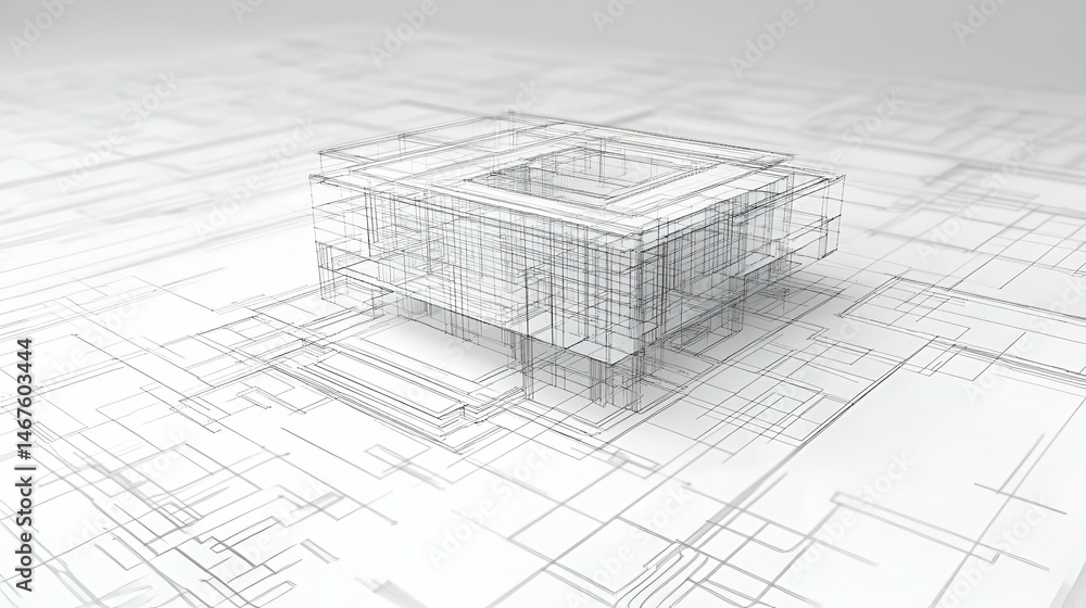 Aufkleber abstract 3d model of a building on a blueprint