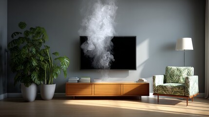 Living room with a television and a chair. The television is on and the room is filled with smoke