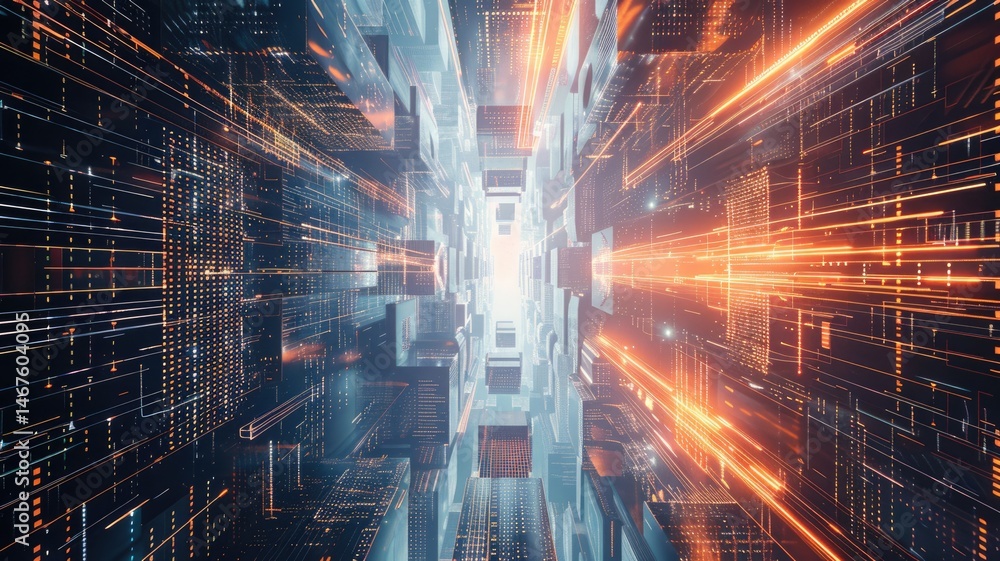 Poster abstract view of futuristic cityscape with light beams. abstract image of low angle camera with skys