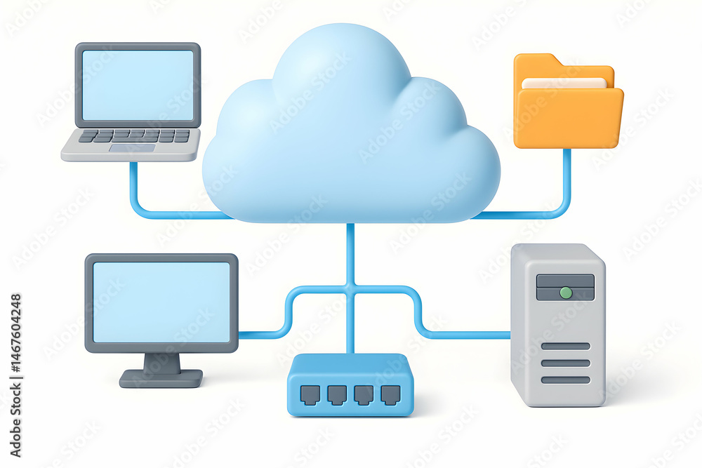 Poster a conceptual illustration of cloud computing, showcasing laptops, servers, and data connections with
