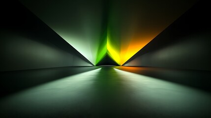 Futuristic, dark, vibrant interior space with triangular lighting