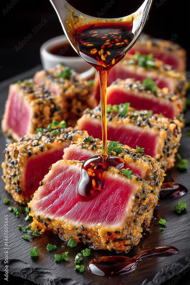 Poster rare seared tuna with sesame crust sliced into sashimi style pieces is being drizzled with soy glaze
