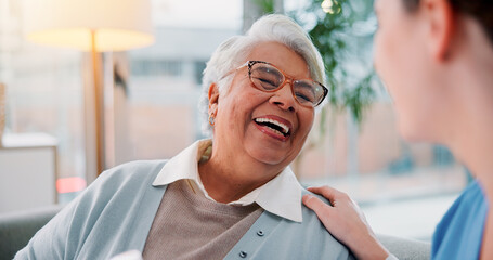 Elderly woman, nurse and laughing in home for funny conversation, healthcare advice and empathy....