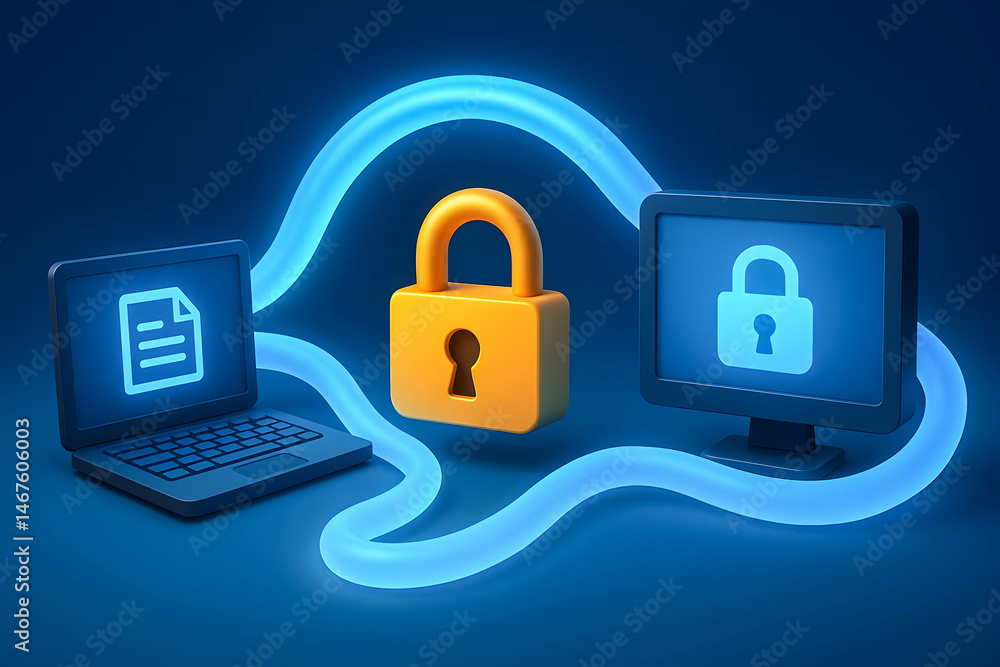 Poster a digital illustration depicting cybersecurity concepts, featuring interconnected computers with a g