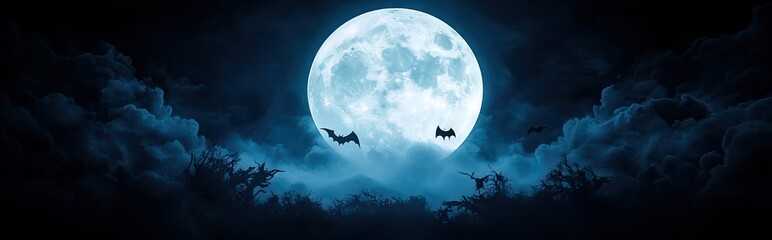 Spooky halloween night scene with glowing full moon bats silhouettes and dark clouds in a dramatic sky.