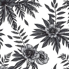 Charcoal Floral Vector Pattern: Seamless, high-resolution tileable design with gray leaves, ferns, palms, and peonies on white.