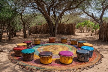 Drums circle on colorful mat in natural outdoor setting rhythmic cultural expression
