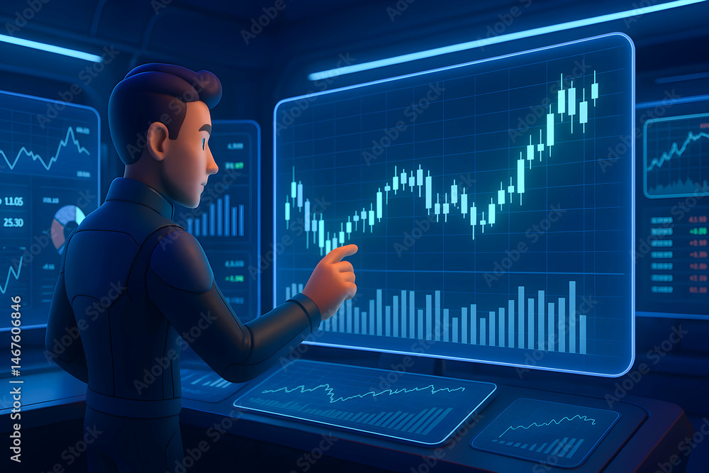 Aufkleber a digital trader analyzes stock market trends on a futuristic interface, showcasing dynamic charts a