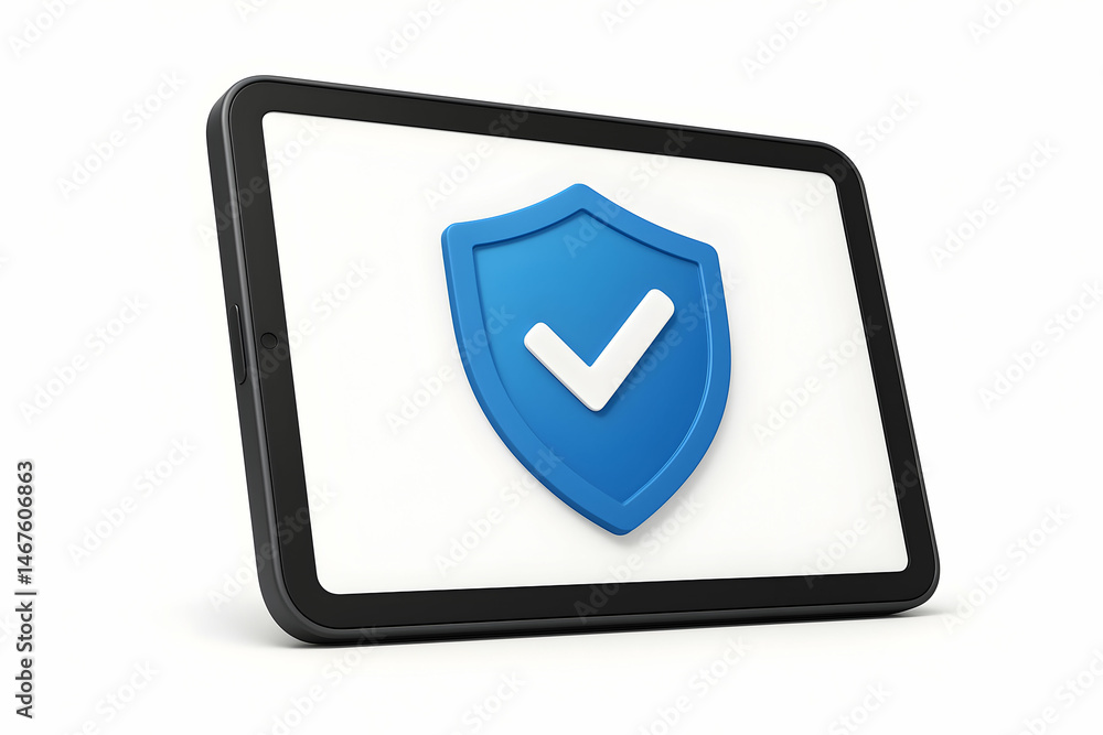 Poster a digital tablet displays a blue shield symbol with a checkmark, representing security and protectio