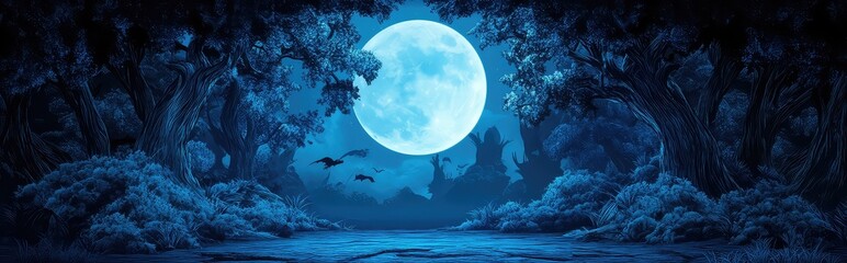 A mystical forest scene illuminated by a glowing blue full moon with silhouetted trees and flying creatures