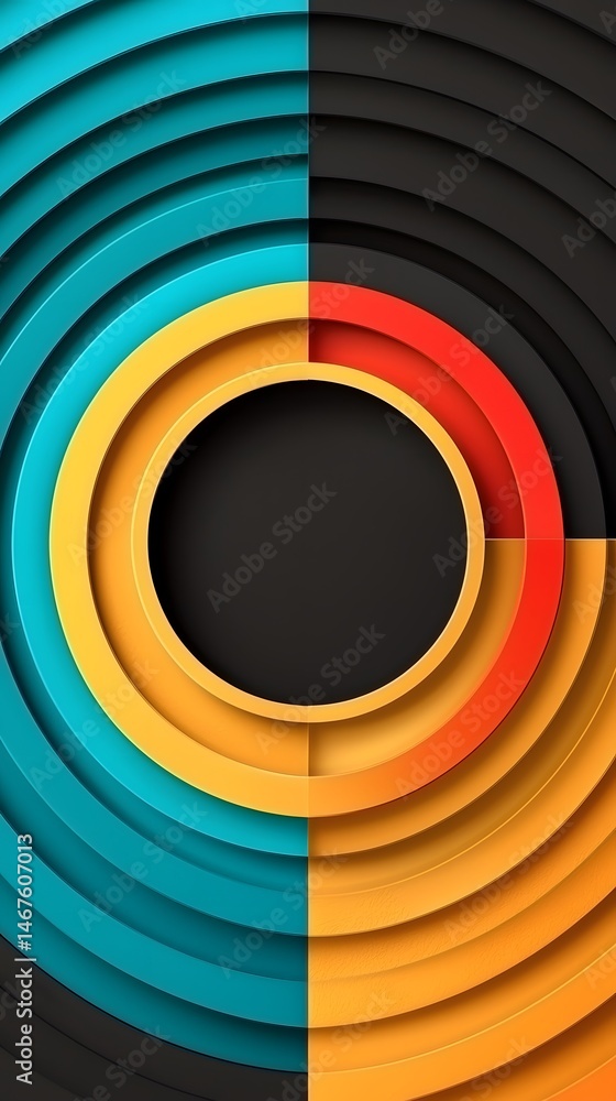 Poster abstract concentric circles background with teal orange and red