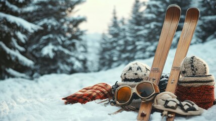 Old-fashioned ski scene with wooden skis and classic snow gear