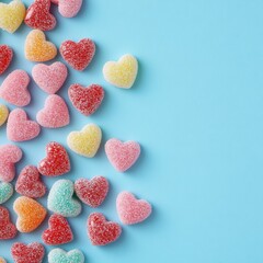 Colorful heart-shaped candies arranged on a light blue background (2)