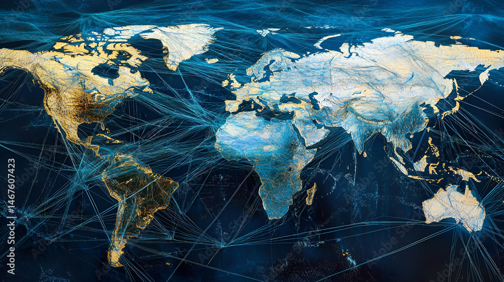 Poster abstract world map network: global connections visualization