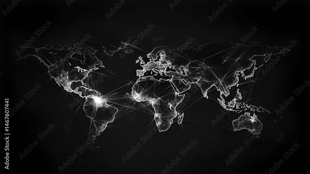 Poster abstract world map of connected dots and lines