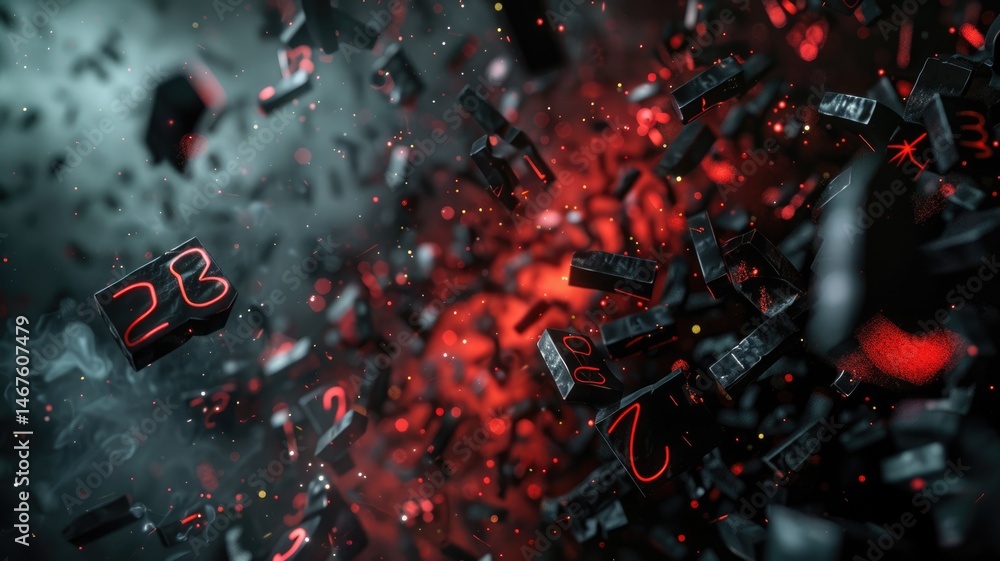 Poster floating black and red 3d numbers on a dark background. abstract 3d rendering art of number floating