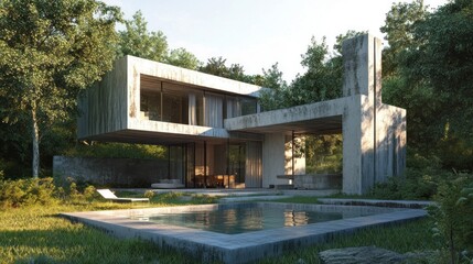Obraz premium Modern concrete house nestled in trees