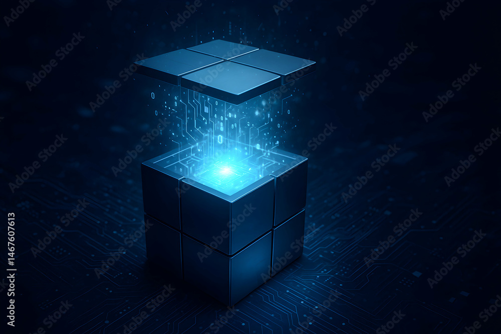 Poster a futuristic digital cube emitting blue light, surrounded by particles that symbolize data extractio