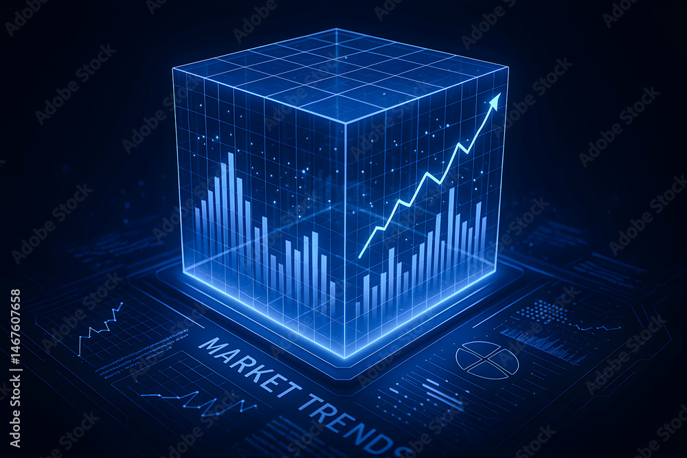 Poster a futuristic digital cube representing market trends with analytical graphs and charts. the glowing 