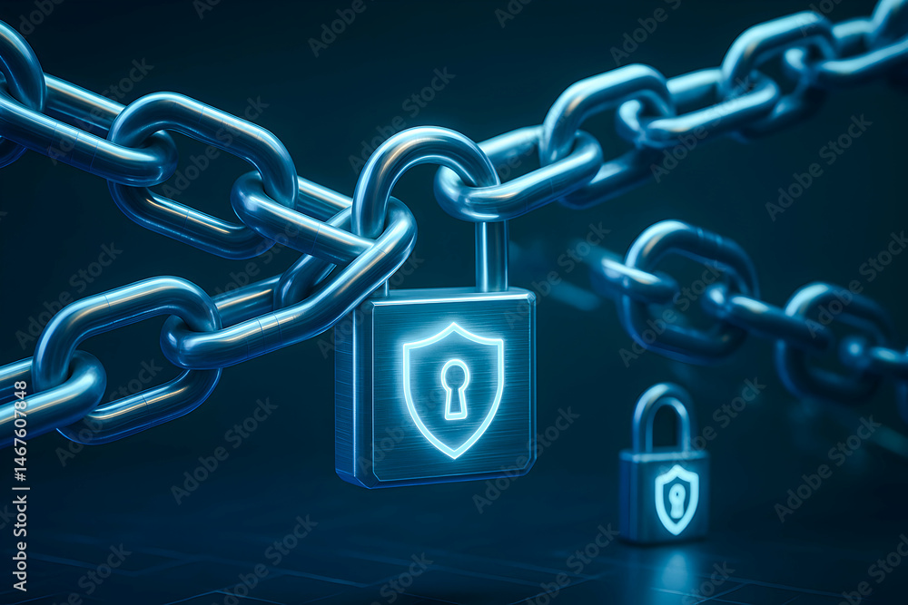 Poster a futuristic digital lock and chain concept symbolizing security and protection in the online enviro