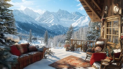 Rustic ski cabin scene with snowy mountains and vintage decor