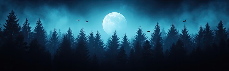 Fototapeta premium Serene nighttime forest scene under a bright full moon with silhouetted trees and flying birds in a calming atmospheric blue glow