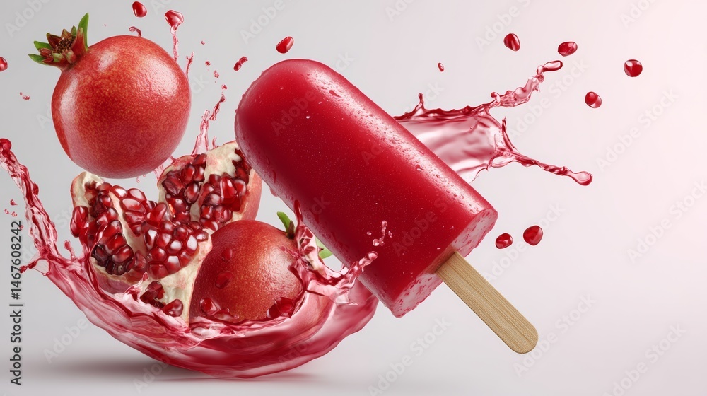 Poster red popsicle with a strawberry and a pomegranate on it. the popsicle is in the middle of a splash of