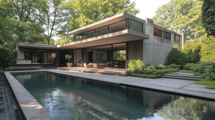 Obraz premium Modern concrete house with pool and garden