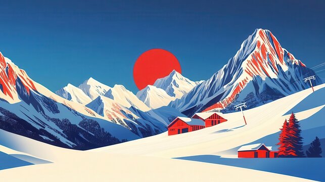 Stylized 1950s ski event poster with bold colors and snowy peaks