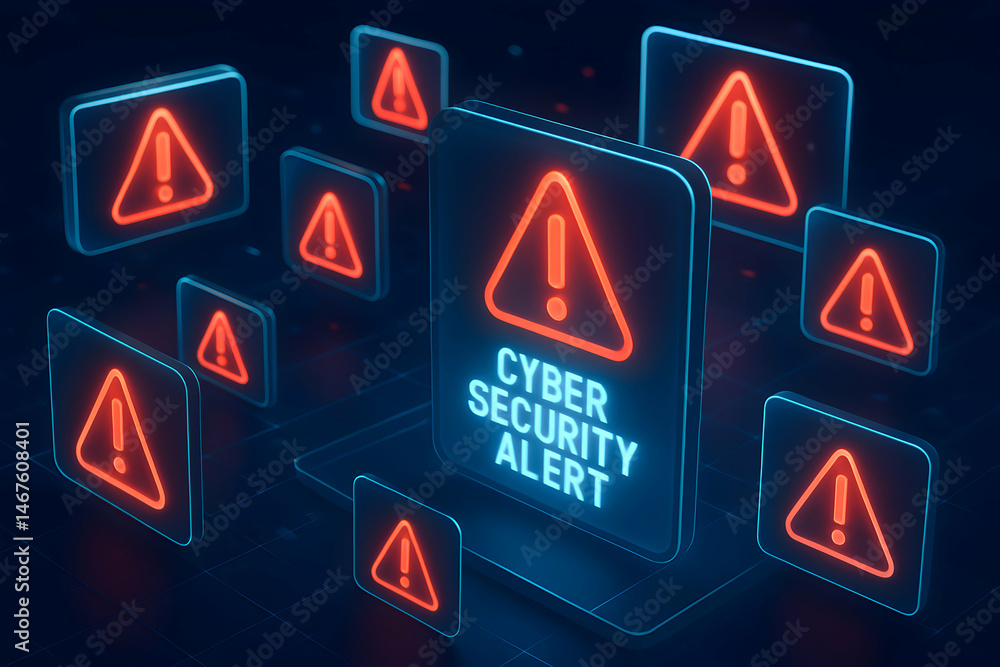 Poster a futuristic representation of a cyber security alert featuring glowing warning signs. digital threa