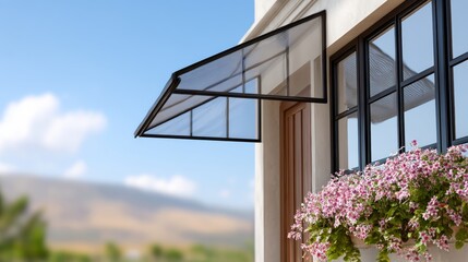 Window with a black awning and a potted plant with pink flowers. The awning is open, allowing sunlight to shine through the window. Scene is bright and cheerful