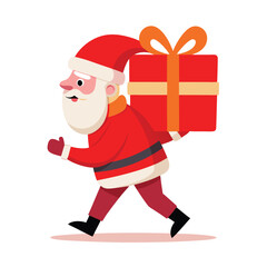 Santa Claus carrying a large red gift with a white bow on his back as he walks