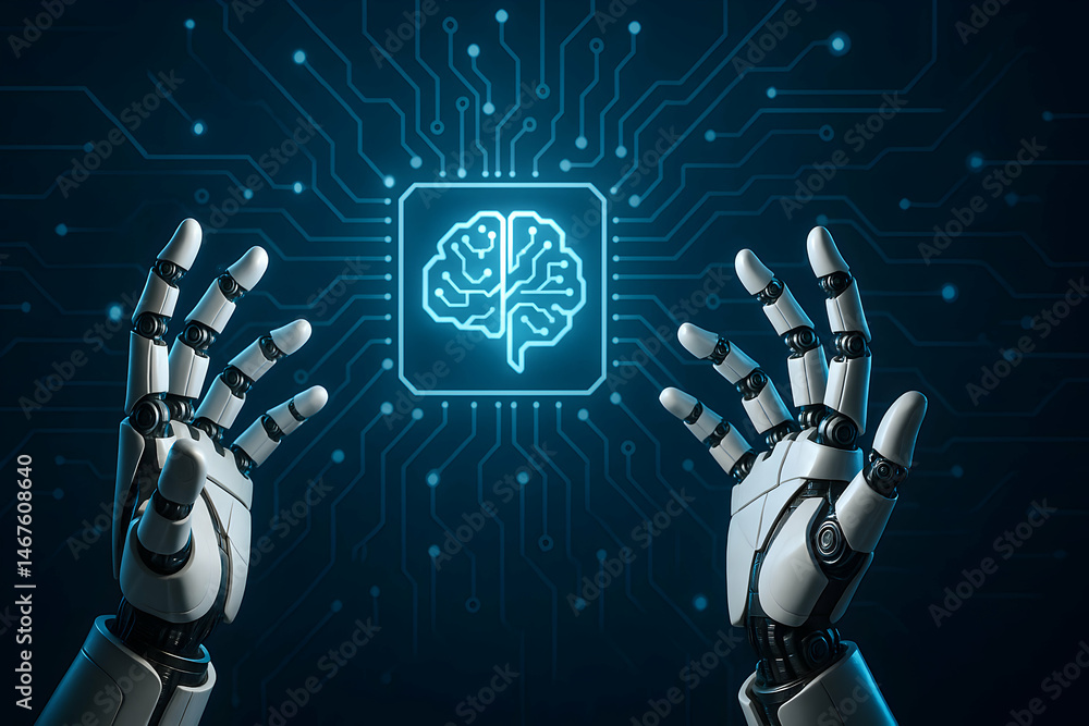 Poster a futuristic robotic hand reaches out, holding a glowing brain symbol above intricate circuit patter