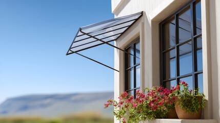 Window with a sun shade and a potted plant with pink flowers. The window is on the side of a building with a mountain in the background