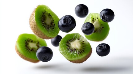 Fototapeta premium Close up of a bunch of kiwi and blueberries. The kiwi are in the air and the blueberries are scattered around them. Scene is light and playful