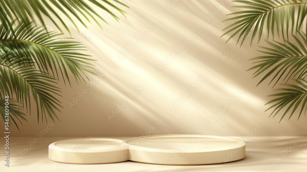 Poster minimalist display with circular platforms and palm leaves