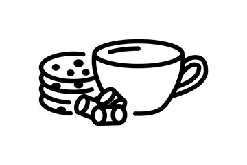 a cup of drink with cookies biscuit and sugar cube on vintage icon vector illustration. Hot tea or coffee drink traditional morning beverage for breakfast and taking break on white background