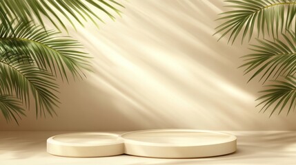 Obraz premium Minimalist display with circular platforms and palm leaves