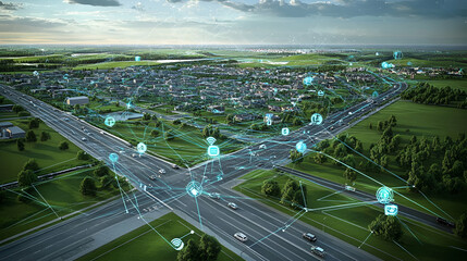 Fototapeta premium Aerial View of City Highway Network with Digital Connections