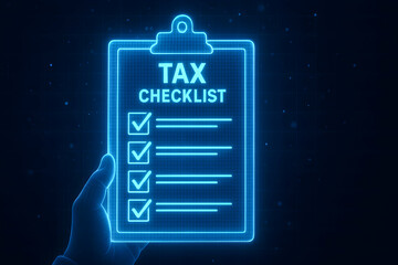 A glowing neon tax checklist held by a hand, symbolizing organization and preparation for tax season