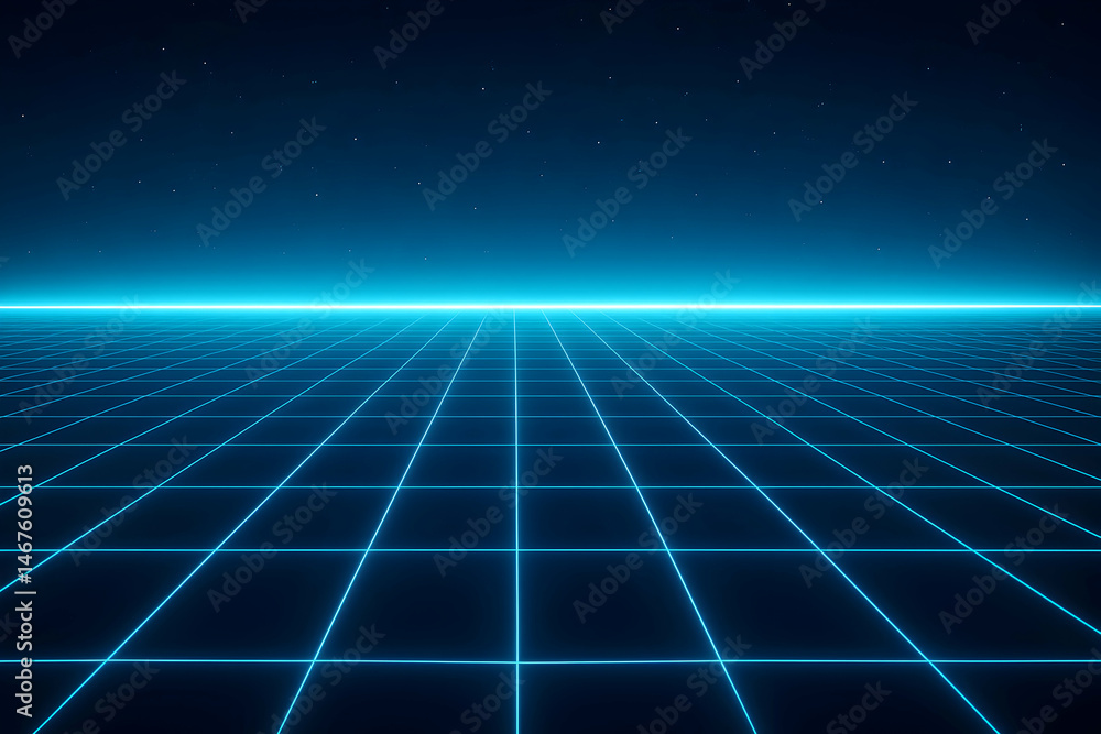Poster a mesmerizing digital landscape featuring a futuristic grid pattern against a dark background