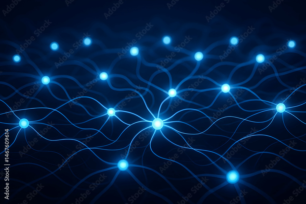 Poster a mesmerizing digital pattern featuring glowing blue nodes interconnected by flowing lines