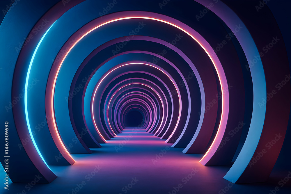 Poster a mesmerizing tunnel illuminated with vibrant neon lights, creating a captivating and surreal atmosp
