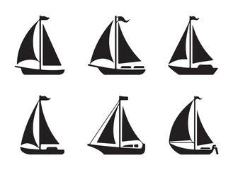 A set of black silhouette sailing boat icons, perfect for nautical or marine-themed design projects.
