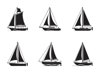 A set of black silhouette sailing boat icons, perfect for nautical or marine-themed design projects.