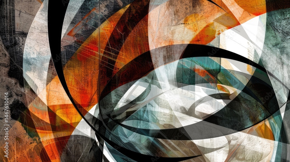 Poster abstract digital art with multicolored overlapping shapes. digital artwork of overlapping curve wave
