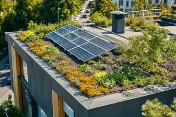 Modern building rooftop garden featuring solar panels.