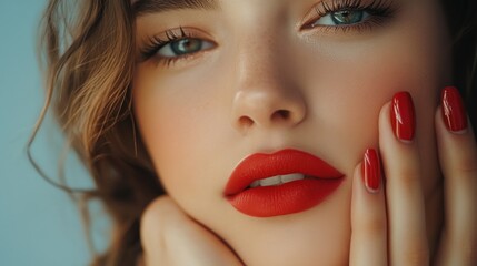 Fototapeta premium Close-up portrait of a woman with striking red lips and nails