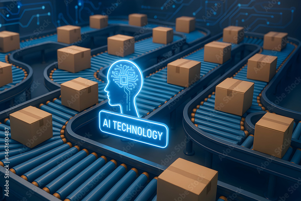 Poster a modern conveyor belt system loaded with boxes, showcasing the integration of ai technology in logi